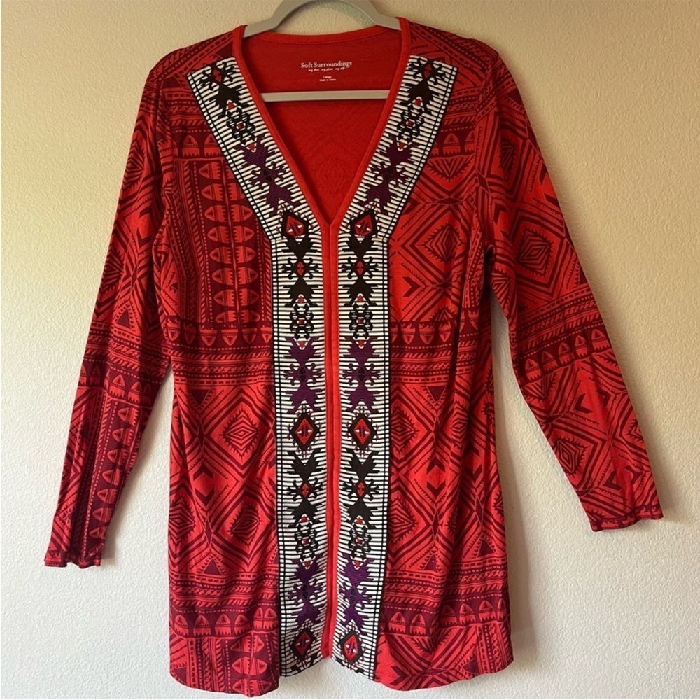 Soft Surroundings Kalahari Red Aztec Embroidered Tunic Top Size Large
